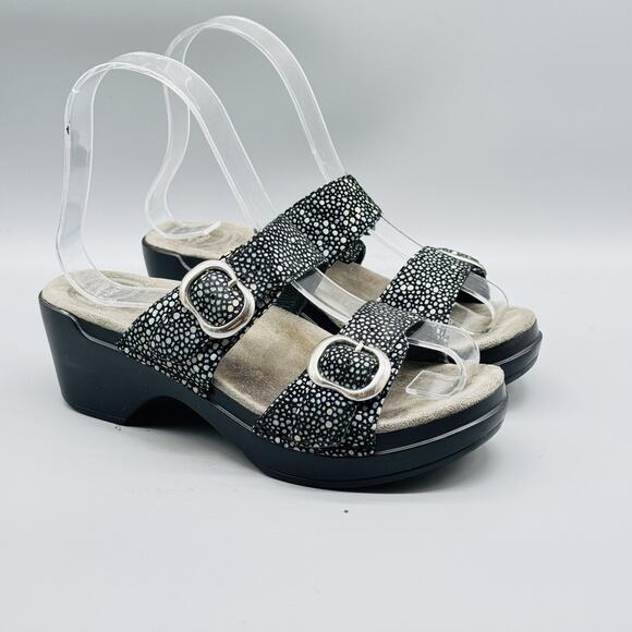 Dansko Sandals Womens 5 Black Leather Sophie Speckled Wedge Slide Buckle Strap - Picture 2 of 13